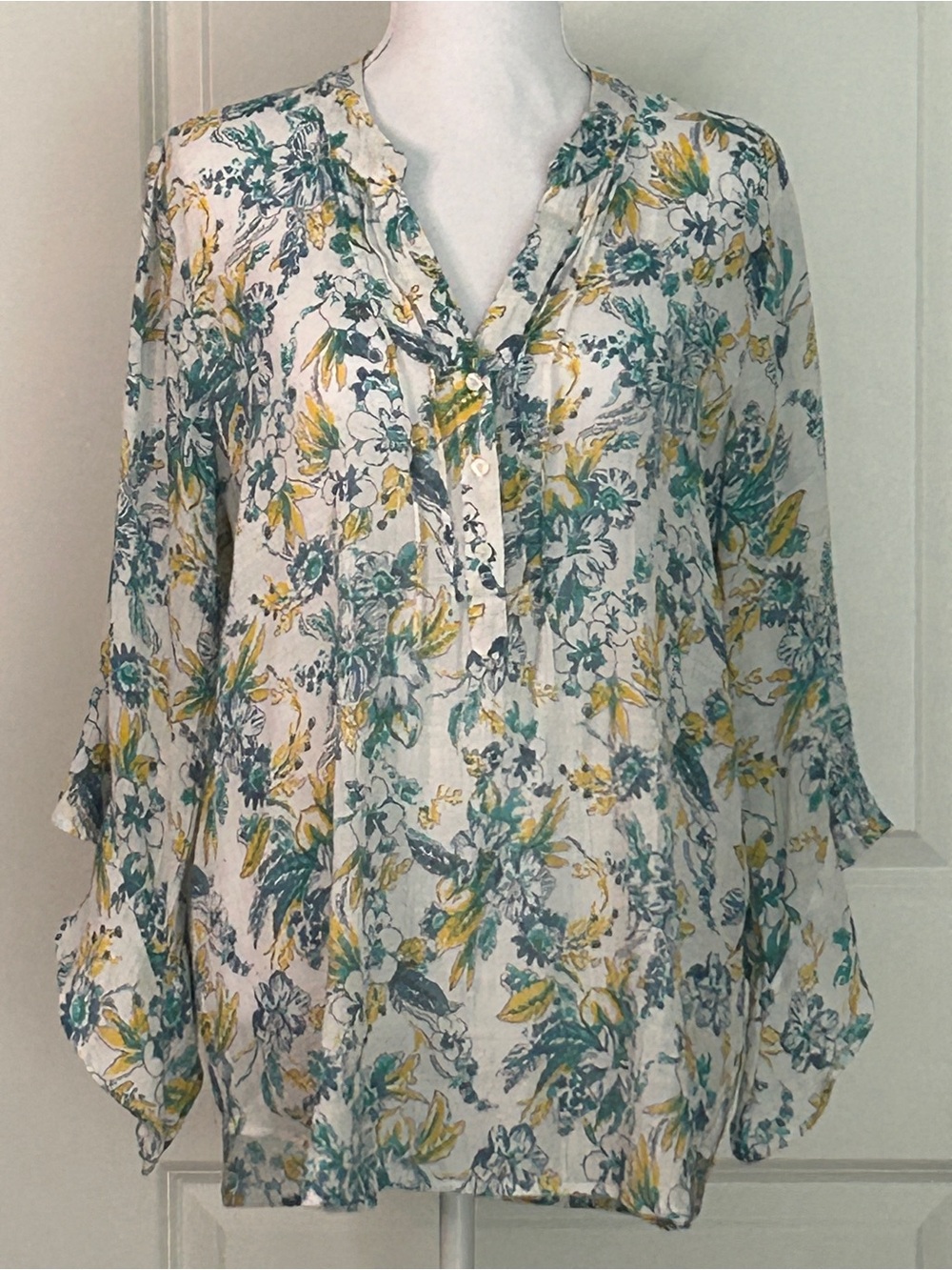Counterparts Tunic Women’s XL Teal/Canary Yellow Boho Crinkle Guaze Bell Sleeve